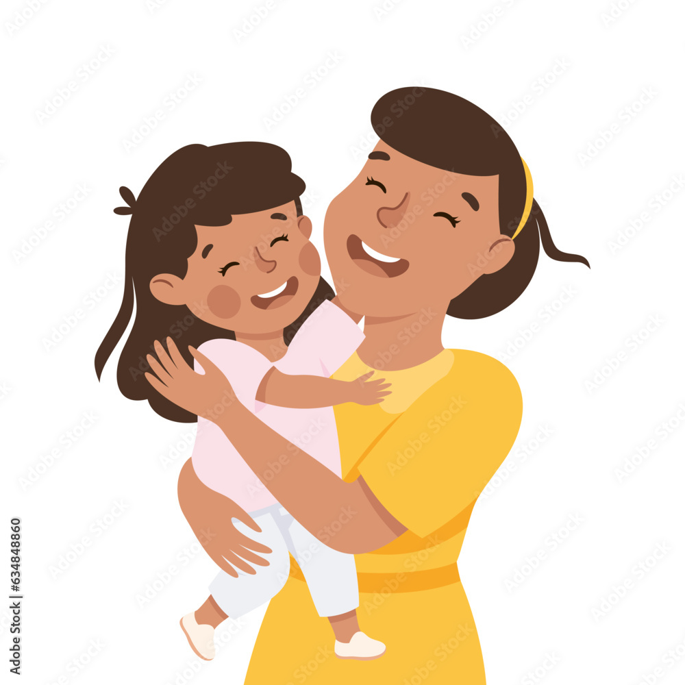 Little Girl and Mom Hugging Feel Happy Vector Illustration