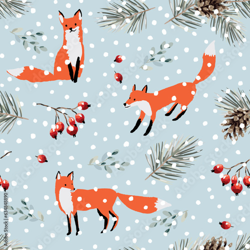Christmas seamless pattern, red fox animals, pine twigs, cones, berries, snow, gray background. Vector illustration. Nature design. Season greeting. Winter Xmas holidays