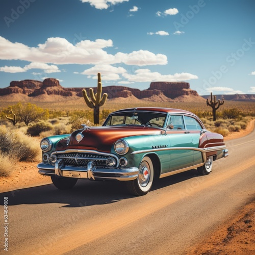 vintage classic car from the 1950s on a US desert highway © jechm