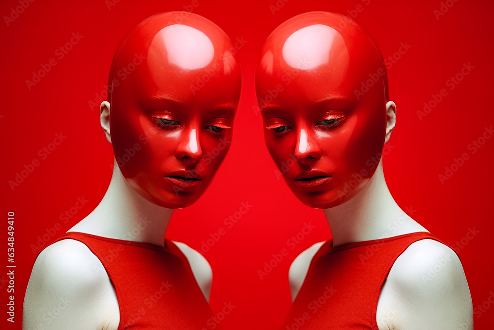 Deux têtes de femme portant un masque rouge - Concept de la double personnalité, de la dissimulation, des jumeaux et jumelle, de l'image de soi - Générative ia Deux têtes de femme portant un masque rouge - Concept de la double personnalité, de la dissimulation, des jumeaux et jumelle, de l'image de soi - Générative ia