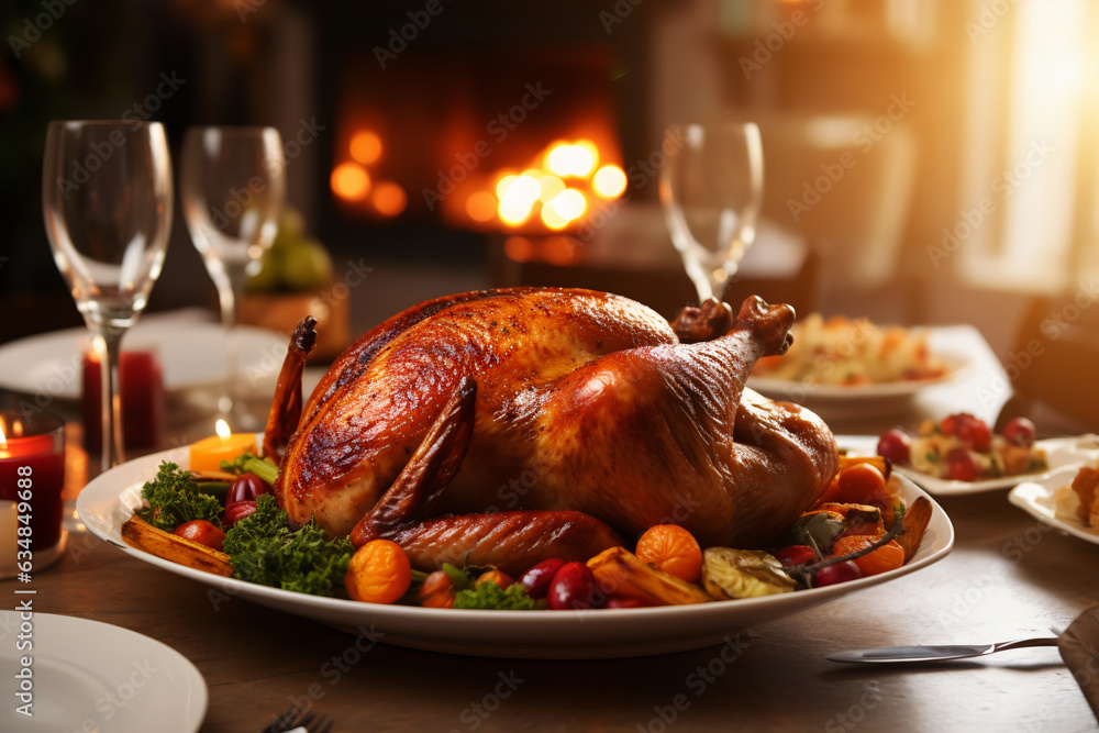 The art of AI culinary creativity: Delight in the close-up side view of a sumptuous roasted turkey, a masterpiece on the table, inviting all to cherish the Thanksgiving tradition. AI generated The art of AI culinary creativity: Delight in the close-up side view of a sumptuous roasted turkey, a masterpiece on the table, inviting all to cherish the Thanksgiving tradition. AI generated