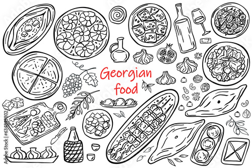 Set of Georgian food on a white background. Georgian traditional cuisine: khachapuri, khinkali, wine, barbecue, nuts, fruits, bread. Vector illustration