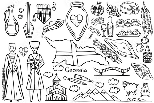 Country Georgia. A set of doodle elements: places, a couple in national costumes, Georgian food, wine, mountains.