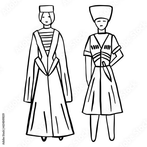 Outline Woman and man in folk national Georgian costumes on white background. Vector illustration