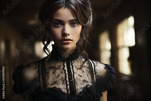 seductive young victorian style girl looking at the camera in a desaturated picture