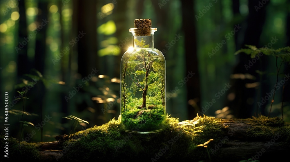 a glass bottle filled with moss and a tree inside of it. generative ai a glass bottle filled with moss and a tree inside of it. generative ai