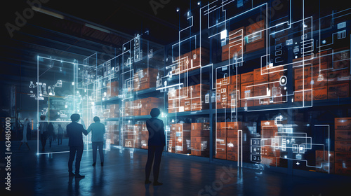Un entrepôt futuriste qui analyse en temps réel le flux logistique des colis avec des robots et de l'intelligence artificielle. 