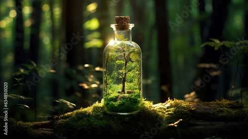  a glass bottle filled with moss and a tree inside of it.  generative ai © Olga