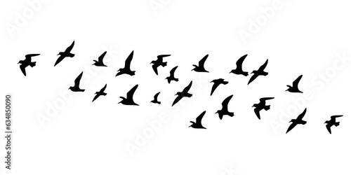 Flying birds silhouettes isolated on white background. Flying birds tattoo vector design. Bird flock in minimal style illustration. Vector illustration
