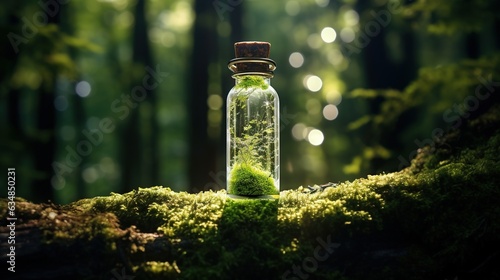  a moss covered jar with a moss ball inside of it.  generative ai