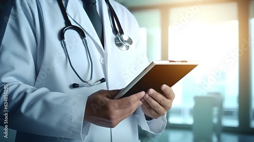 Un médecin en train de remplir le dossier médical d'un patient depuis sa tablette à l'hôpital. 