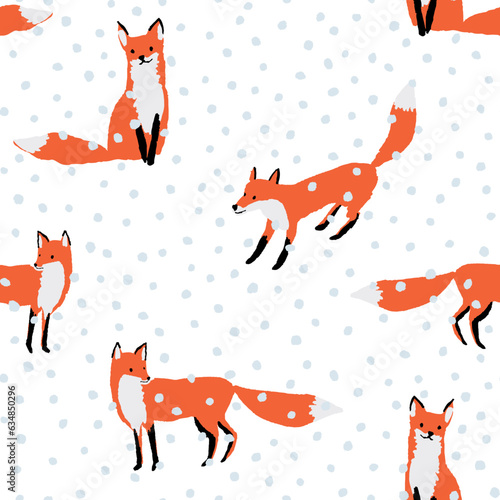 Christmas seamless pattern, red fox animals, snow, white background. Vector illustration. Nature design. Season greeting. Winter Xmas holidays