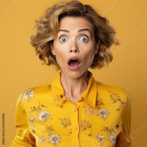 Portrait of surprised middle-aged woman with big eyes and open mouth. Closeup face of an amazed Caucasian senior woman on a yellow background. Shocked European woman in yellow shirt looking at camera.