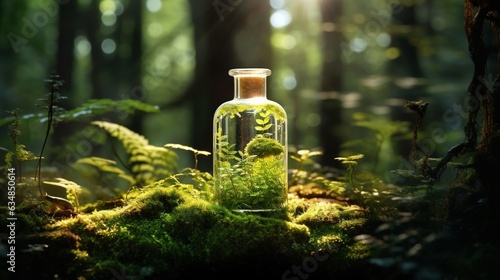  a bottle filled with moss sitting in the middle of a forest.  generative ai