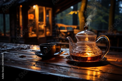 cup of tea or coffee in a log cabin on a chilly autumn afternoon