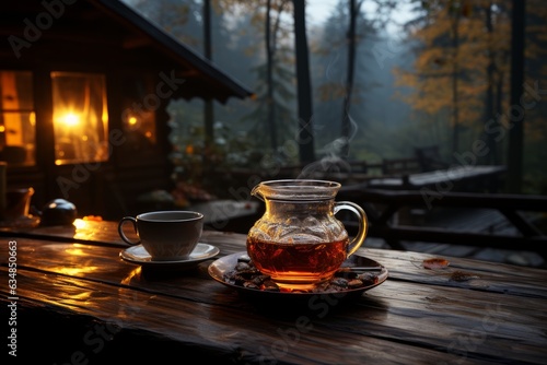 cup of tea or coffee in a log cabin on a chilly autumn afternoon