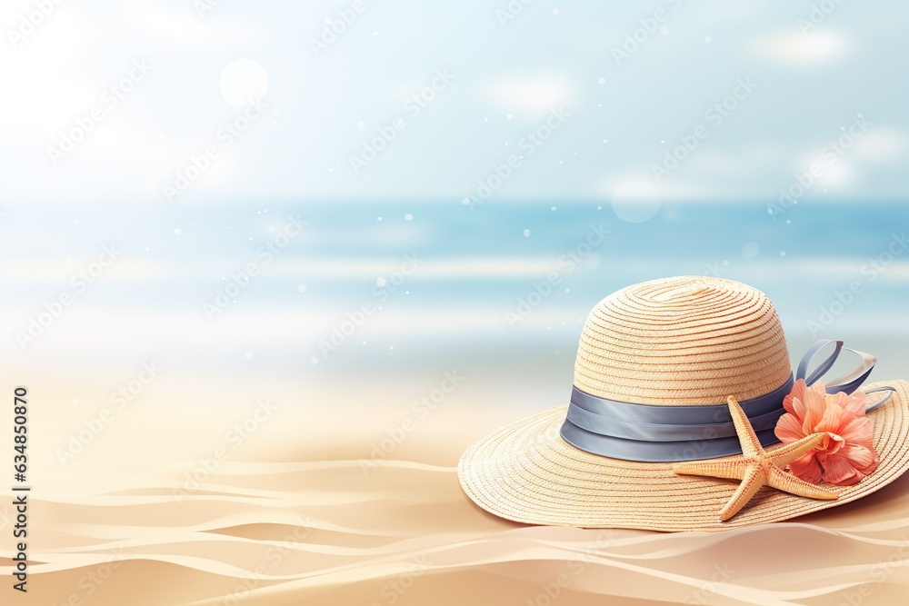 Hat on beautiful sand beach. Tropical beach with summer accessory banner. Illustration AI