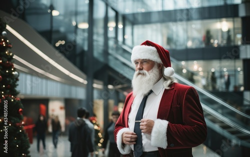 Businessman wearing an elegant Santa Claus costume inside a modern office space