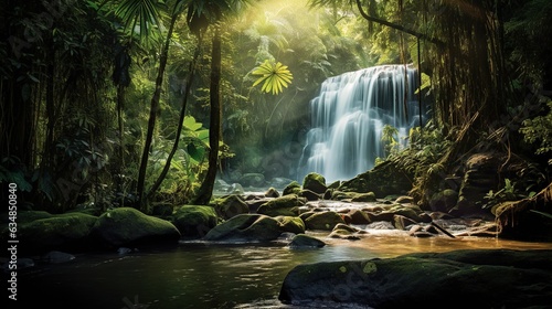  a waterfall in a tropical forest with rocks and trees in the foreground. generative ai