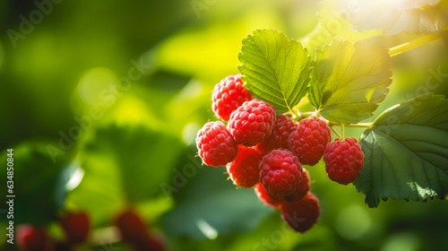 Gros plan sur des framboises rouges avec des feuilles vertes dans un jardin bio. 
