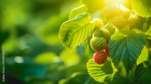 Des framboises bio prêtent à être cueillies dans un framboisier en été. photo