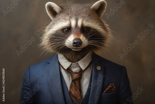 Portrait of a raccoon in a suit. Formal, businessman, cute animal, gentleman. Made with Generative AI