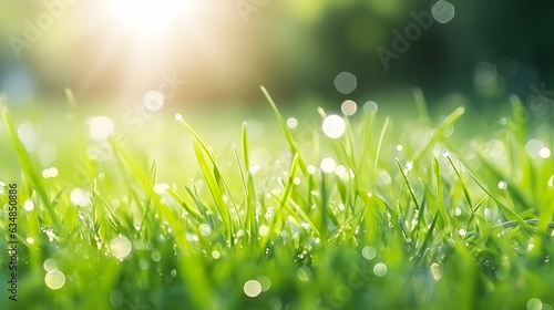 Une pelouse avec de l'herbe verte avec le soleil en arrière plan. 