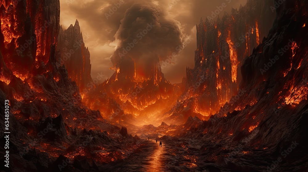Hell features smoke clouds, smoldering flames, and lava cliffs. A beautiful hellish scene filled with fire. horrific scene