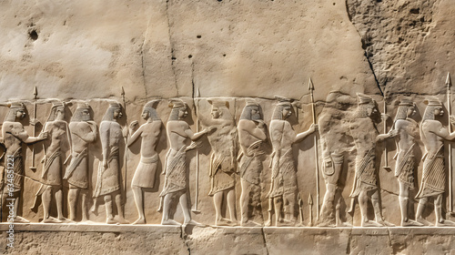 Des troupes de guerriers assyriens sur un bas relief.  photo