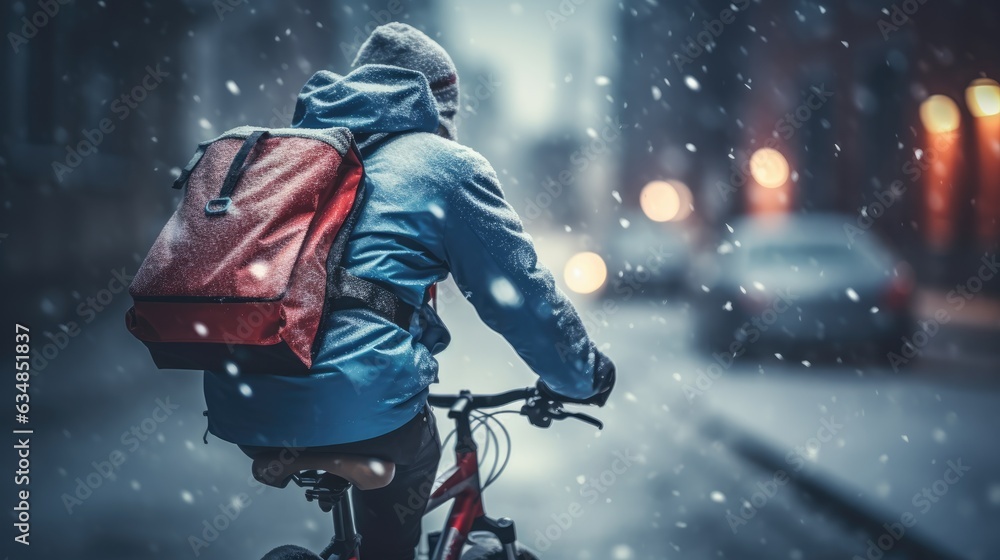 Ai generative image of food delivery man riding a bicycle on a city street with a large backpack in winter, in snowfall