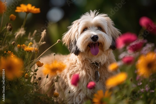 Cute dog playing in flowery park.  generative IA