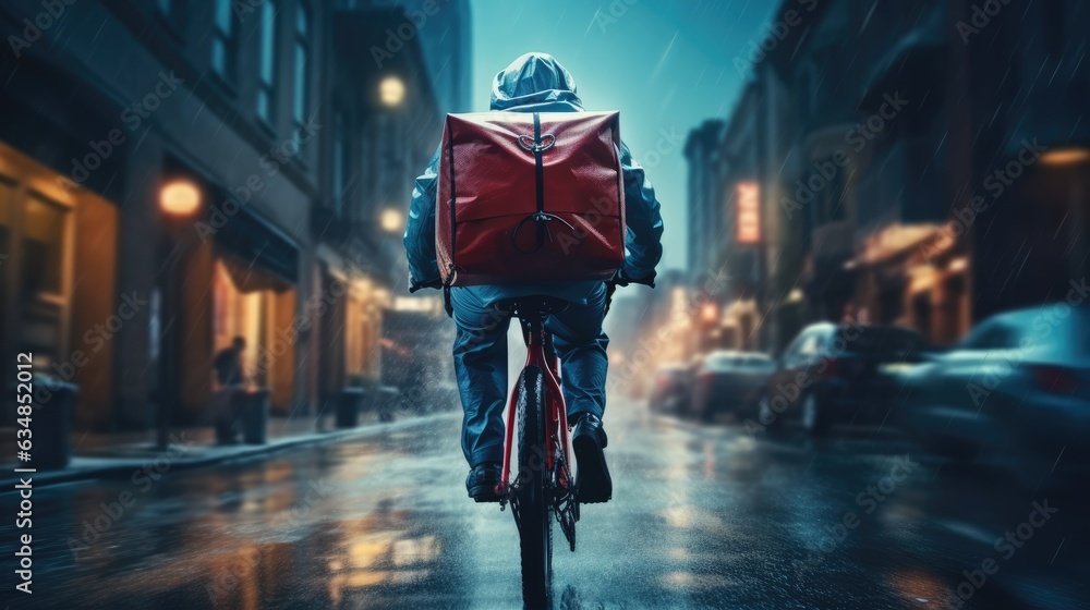 Ai generative image of food delivery man riding a bicycle on a city street with a large backpack in the rain - obrazy, fototapety, plakaty 