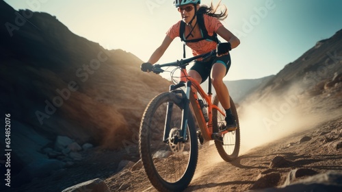 A female bicyclist riding in a mountainous terrain. Extreme cycling. Cycling sport © masyastadnikova
