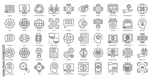 Artificial Intelligence Thin Line Icons Robotics AI Technology Icon Set in Outline Style 50 Vector Icons in Black