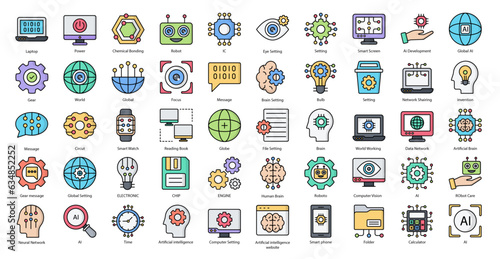 Artificial Intelligence Color Line Icons Robotics AI Technology Icon Set in Filled Outline Style 50 Vector Icons