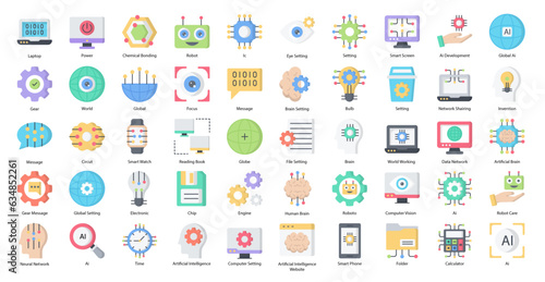 Artificial Intelligence Flat Icons Robotics AI Technology Icon Set in Color Style 50 Vector Icons