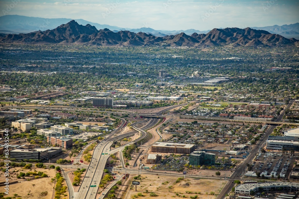 Aerial view of Phoenix, Arzona near Sky Harbor Interational airport.  Tonto National Forest in background