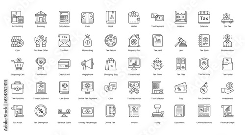 Taxes Thin Line Icons Tax Finance Economy Icon Set in Outline Style 50 Vector Icons in Black