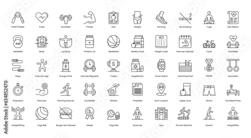 Exercise Thin Line Icons Sport Fitness Exercises Icon Set in Outline Style 50 Vector Icons in Black