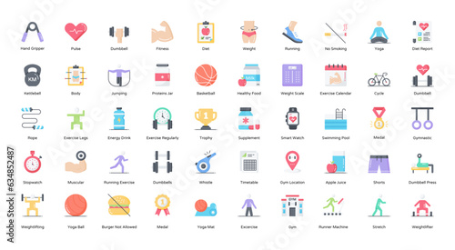 Exercise Flat Icons Sport Fitness Exercises Icon Set in Color Style 50 Vector Icons 