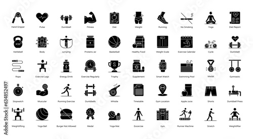 Exercise Glyph Icons Sport Fitness Exercises Icon Set in Glyph Style 50 Vector Icons in Black