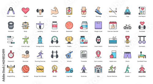Exercise Color Line Icons Sport Fitness Exercises Icon Set in Filled Outline Style 50 Vector Icons