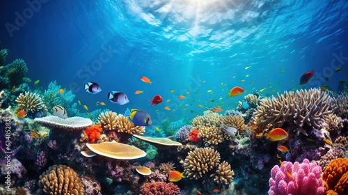 Canvas Print a colorful coral reef with tropical fish and corals under water