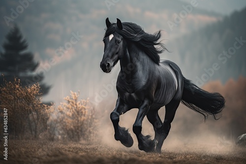 Black horse galloping in countryside. Majestic and free.  generative IA