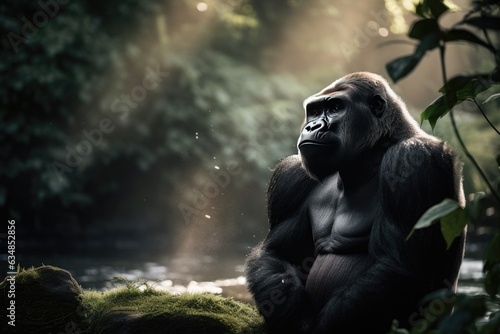 Gorilla majestic in its natural habitat, surrounded by lush vegetation and a waterfall in the background., generative IA