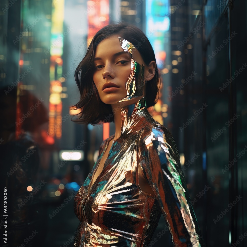 City Glamour with a Twist: NYC Street Photo of Model Woman in Holographic Foil