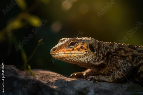 Golden lizard rests on rock at sunset., generative IA