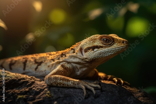 Golden lizard rests on rock at sunset., generative IA