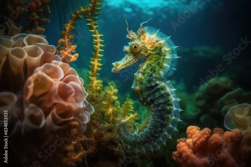 Colorful seahorse in coral sea.  generative IA
