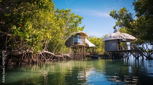  a couple of huts sitting on top of a river next to a forest. generative ai